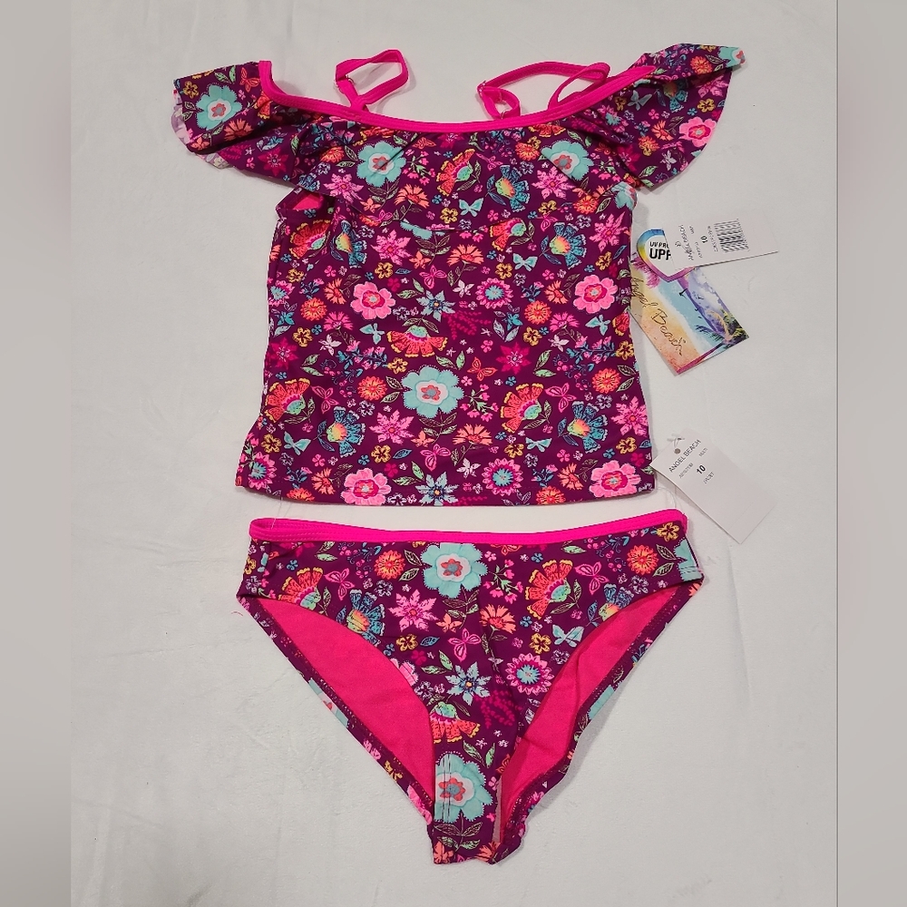 NWT SZ 10 Angel Beach Girls Pink Floral Swim Suit 2 PC Summer Pool